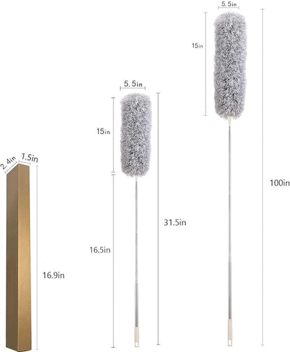 Dusters for Cleaning High Ceiling Fan, Newliton Microfiber Feather Duster with 30'' to 100'' Telescoping Extension Pole, Long Extendable Duster for Home Car Furniture Cobweb Gray