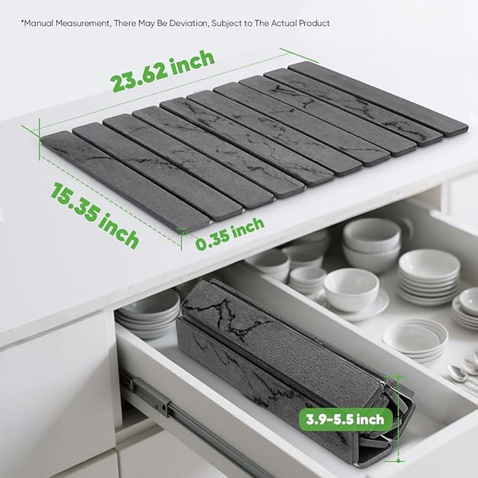 Stone Drying Mat for Kitchen Counter, Quick Diatomaceous Earth Mats for Dishes, 24" x 16" W Super Absorbent Fast-Drying Collapsible Countertop Stone Mat (Marble Grey, Extra Large)
