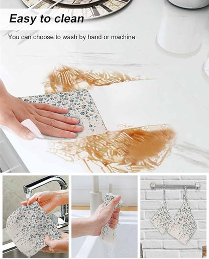 4 Pack Flower Blue Kitchen Dish Cloths, Grey Cherry Blossoms Cotton Linen Background Dishcloths for Kitchen, Reusable Paper Towels, Super Absorbent Quick Drying Washcloths Cleaning Wipes, 8x7 inch