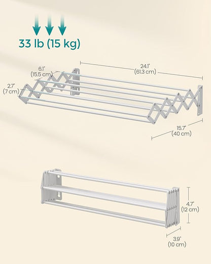 SONGMICS Clothes Drying Rack, Wall-Mounted Drying Rack Clothing, Accordion Laundry Rack, 9 Staggered Hanging Rods, Expandable and Retractable, Steel, Cloud White ULLR806W01