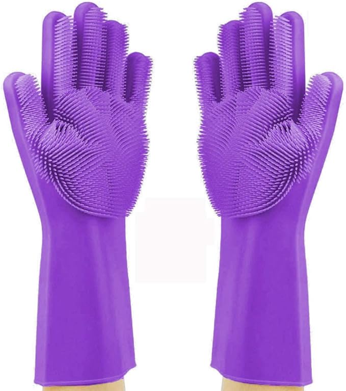 Silicone Dishwashing Gloves, Pet Grooming Rubber Scrubbing for Dishes, Sponge Wash Cleaning with Scrubbers (13.6" L)