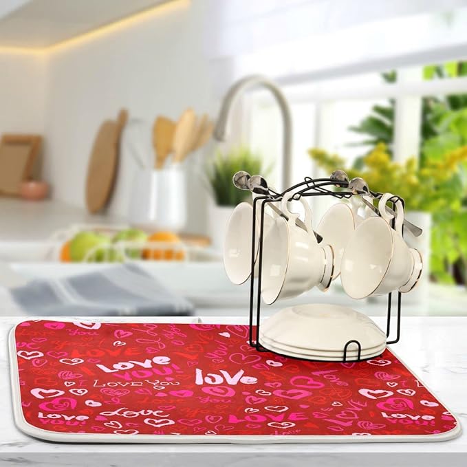 Happy Valentine's Day Dish Drying Mat for Kitchen Red Pink Heart Love Words Microfiber Drying Mats Absorbent Reversible Dish Pad Medium Dish Draining Mat 16x18 inch