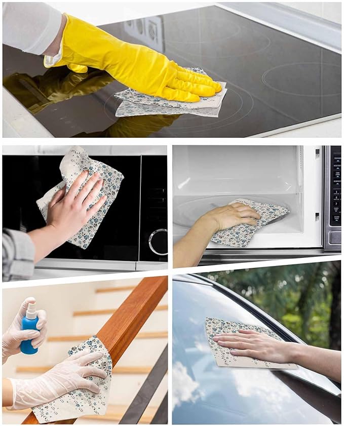 6 Pack Flower Blue Kitchen Dish Cloths, Grey Cherry Blossoms Cotton Linen Background Dishcloths for Kitchen, Reusable Paper Towels, Super Absorbent Quick Drying Washcloths Cleaning Wipes, 6x5 inch