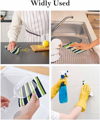 6 Pack Green Dark Kitchen Dish Cloths, Blue White Stripe Abstract Geometric Striped Dishcloths for Kitchen, Reusable Paper Towels, Super Absorbent Quick Drying Washcloths Cleaning Wipes, 8x7 inch