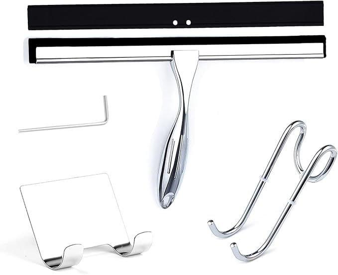Shower Squeegee, 12 Inch Bathroom Squeegee with Spare Silicone Blade, Shower Door Hook and Adhesive Hook Glass, Stainless Steel Squeegee for Shower Glass Window Bathroom Mirror(12in-Silver-Pack of 1)