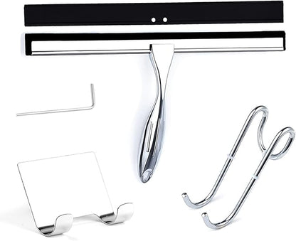 Shower Squeegee, 12 Inch Bathroom Squeegee with Spare Silicone Blade, Shower Door Hook and Adhesive Hook Glass, Stainless Steel Squeegee for Shower Glass Window Bathroom Mirror(12in-Silver-Pack of 1)