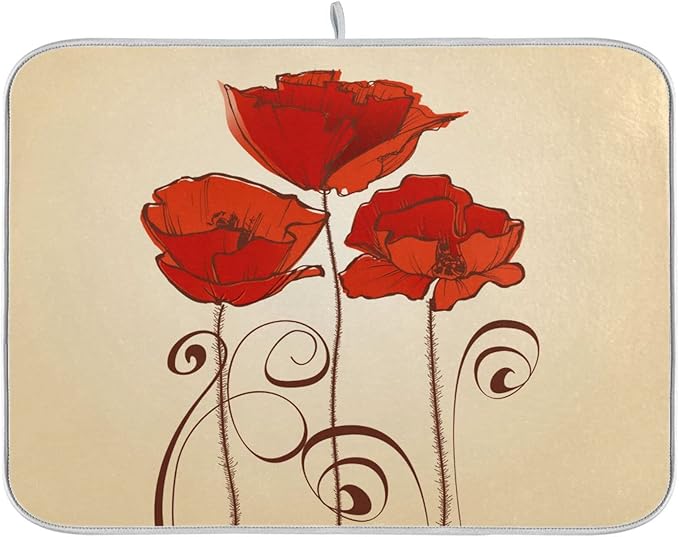Super Absorbent Dish Drying Mat, Microfiber Fast-Drying Dish Mat, 24" x 18", Kitchen Dish Drying Pad, Red Poppy Flowers Retro