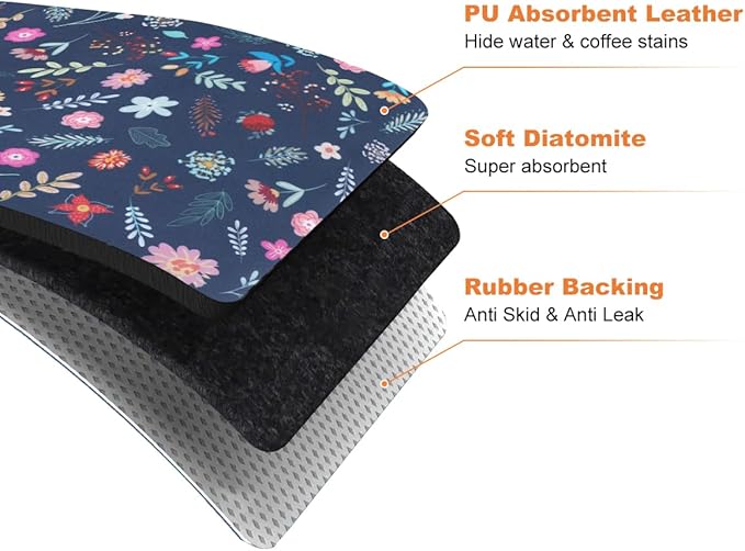 LOKHOM Dish Drying Mat for Kitchen Counter, 12"x20" Absorbent Vintage Diner Rack Mats with Colorful Floral Pattern for Coffee Maker, Coffee Pot, Dining Room Decoration