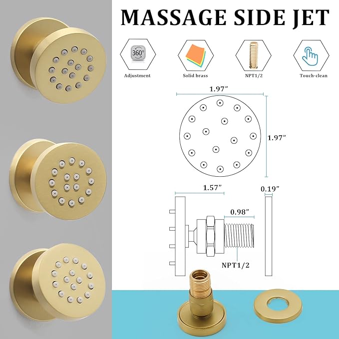 Brass Round Shower Body Spray Jets 6 Pack, HOMEDEC Spa Massage Nozzle 2inch Rain Showerhead Wall Mount Rainfall Shower Head Sprayer, Brushed Gold