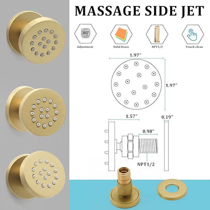 Brass Round Shower Body Spray Jets 6 Pack, HOMEDEC Spa Massage Nozzle 2inch Rain Showerhead Wall Mount Rainfall Shower Head Sprayer, Brushed Gold