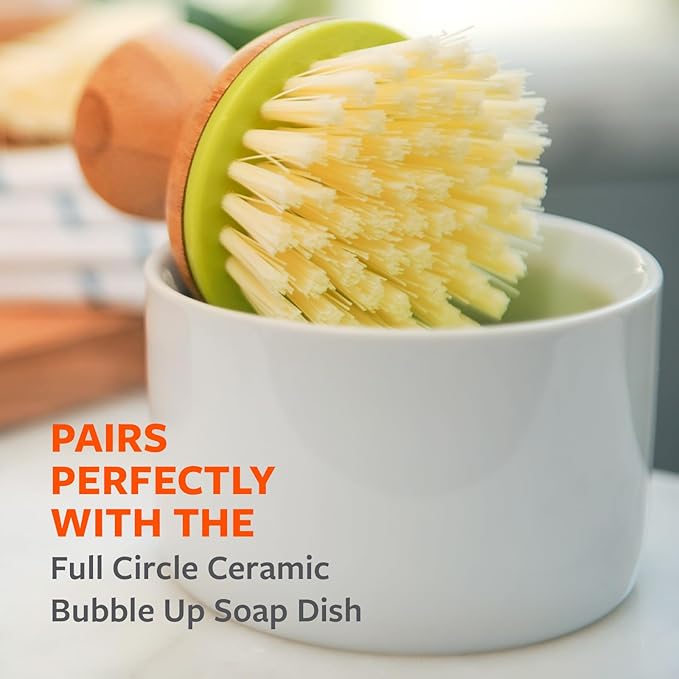 Full Circle Bubble Up Bamboo Dish Brush–Family Safe, Formaldehyde-Free–Ergonomic Palm Scrubber with Handle for Kitchen Cleaning,Dish Scrub Brush for Nonstick,Cast Iron & Sink,Green,2Pk