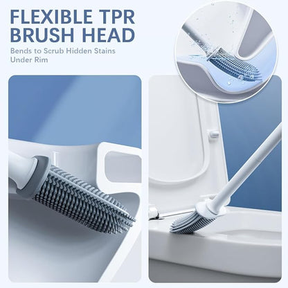 Dual-Sided RV Silicone Toilet Brush with TPR Bristles & Detachable ABS Handle Set, Wall Mountable Toilet Bowl Brush,Flexible Cleaners Brushes for 360°Deep Cleaning Bathroom/Camper (White)