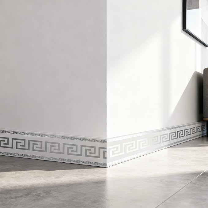 Peel and Stick Wallpaper Borders, Waterproof Self-Adhesive PVC Foam Wall Base for Kitchen Living Room Bedroom Bathroom, 3.93 Inch x 16.4 Ft (Silver)