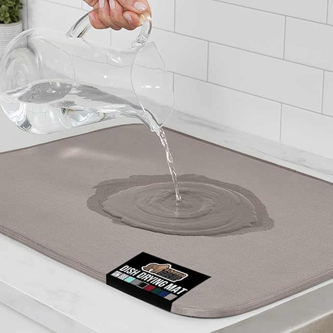 GORILLA GRIP Ultra Water Absorbent Microfiber Dish Drying Mat, 18x24, Quick Dry Thick Mesh, Slip Resistant Pad for Sink Dishes or Under Rack, Kitchen Counter Accessories, Machine Wash Mats, Almond