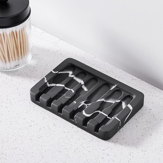 INIUNIK Self Draining Soap Dish - Marble Look Soap Holder Tray Savers Box Container Sponge Holder for Bathroom Shower Kitchen, Black