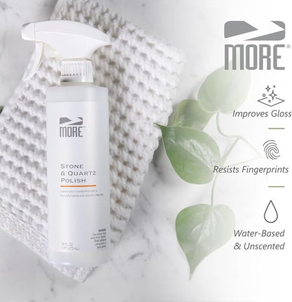 MORE - Stone & Quartz Polish - For Granite, Marble, & Natural Stone Countertops - Spray & Wipe Streak-Free - Water-Based Formula - Marble & Granite Polish - For Indoor & Outdoor Stone - 16 oz