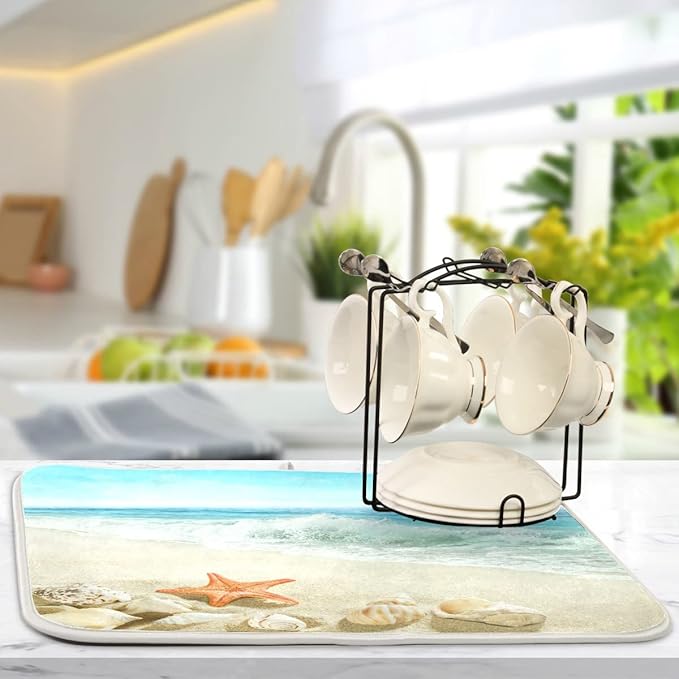 Sweetshow Summer Beach Dish Drying Mat 16 x 18 Inch Sea Wave Shells Starfish Drying Mat with High Absorbent Reversible Microfiber Kitchen Mat Dish Rack Pad Dish Drainer Mat Kitchen Counter Coffee Bar