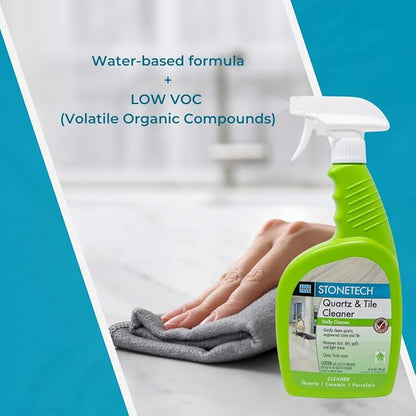 StoneTech Quartz & Tile Cleaner Spray – Quartz Countertop Cleaner for Engineered Stone, Ceramic & Porcelain – Removes Dirt & Spills – 2-Pack, 24oz Each + 2 Microfiber Cloths Fresh Scent