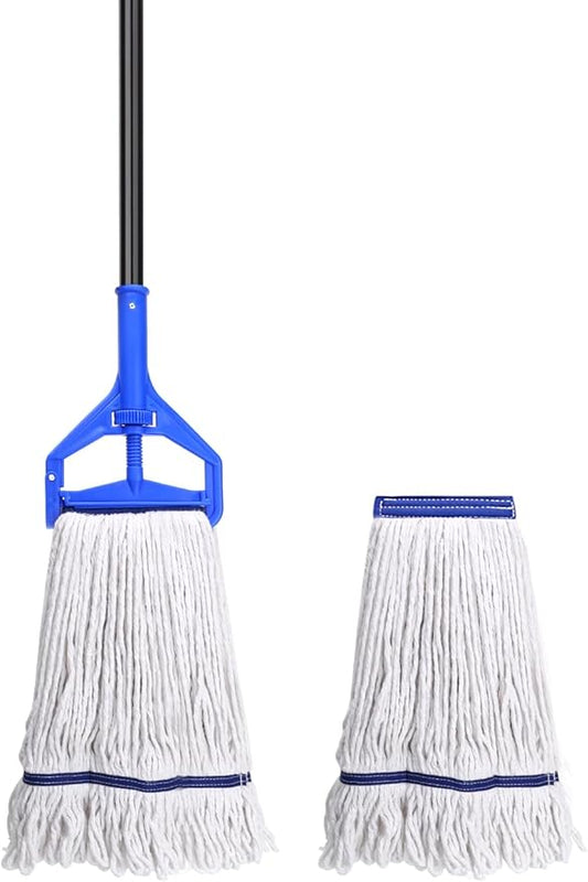 Loop-End String Mop Heavy Duty Commercial Industrial Mops with 2 Extra Mop Heads Replacement, 59 Inch Cotton Wet Mop for Floor Cleaning