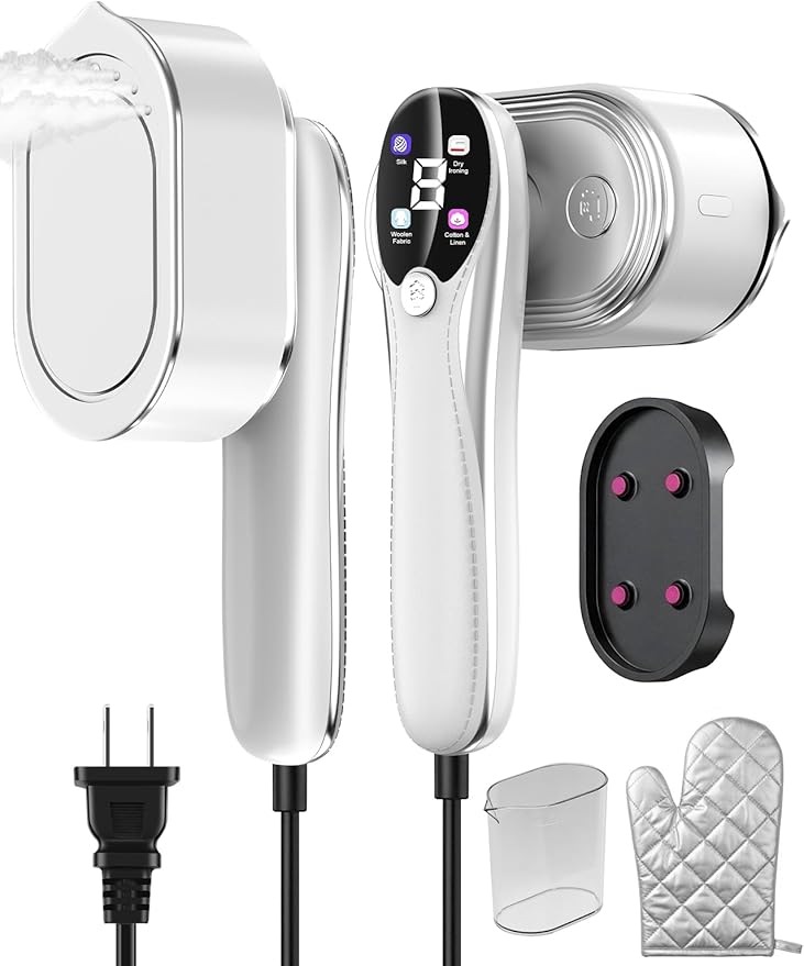 Travel Steamer for Clothes, 1200W Portable Handheld Steamer for Clothes, Portable Steam with LCD Display, 10s Fast Heat-Up, 2-in-1 Powerful Wrinkle Remover for Home & Travel (White)