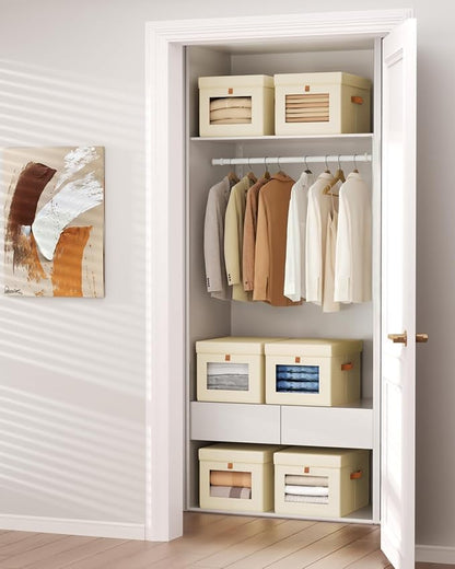 Storage Bins with Lid – Closet Organizer with Side Opening and Clear Window, Foldable Stackable Fabric Basket for Clothes, Home, Office - 13.77" x 11.8" x 9.8", 4 Pack, Beige