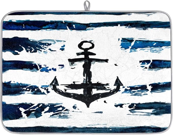 Honeybaby Dish Drying Mat Nautical Anchor Dish Drying Mats for Kitchen Counter Absorbent Kitchen Drying Mat Dish Rack Mat 18x24 inches