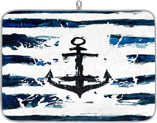 Honeybaby Dish Drying Mat Nautical Anchor Dish Drying Mats for Kitchen Counter Absorbent Kitchen Drying Mat Dish Rack Mat 18x24 inches