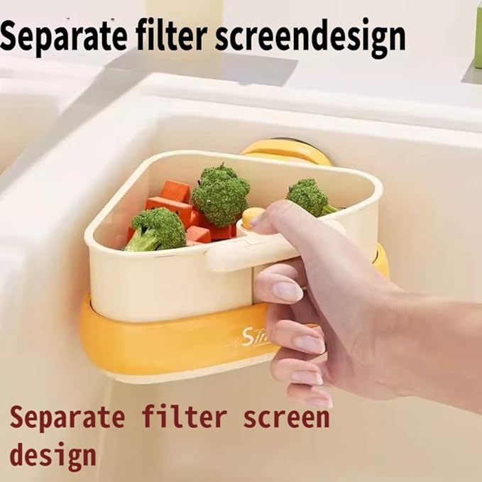 Corner Sink Strainer Basket with Suction Cups, Automatic Dumping Collapsible Food Drainer, Kitchen Sink Food Waste Catcher with Strong Hold Base (Lemon Yellow)