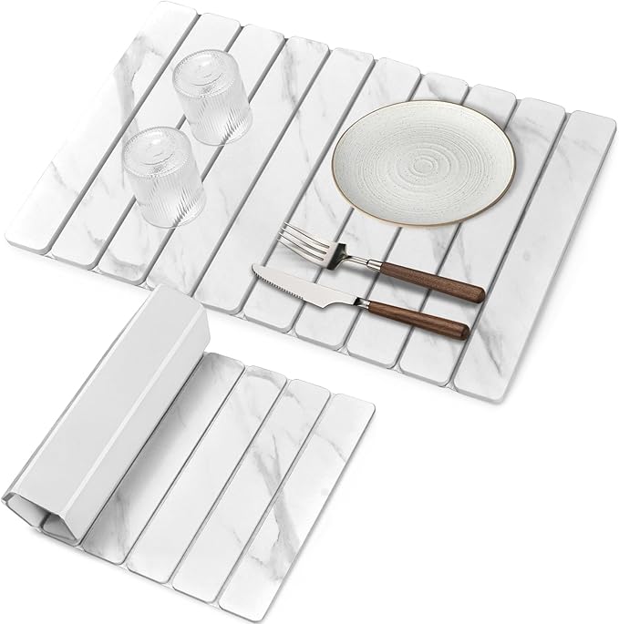 Stone Dish Drying Mats for Kitchen Counter, 24"(L)×16"(W) Marble-Pattern, Collapsible Quick Drying Dish Mats, Ultra Absorbent Diatomaceous Earth Mats for Dishes , Match Any Countertop