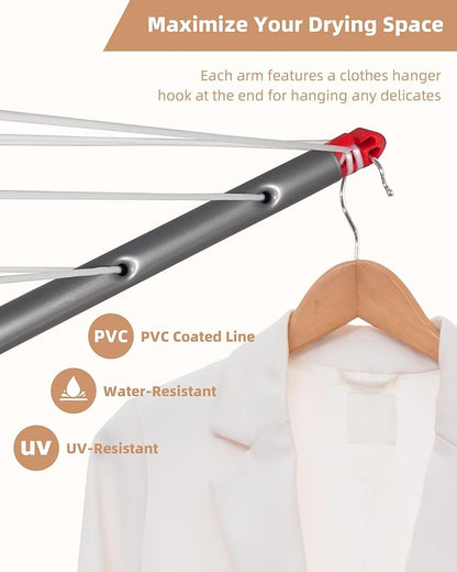 STORAGE MANIAC Portable Umbrella Clothes Drying Rack 8 Lines with 82 Feet Drying Space, Steel Frame & Adjustable Height, 4-arm Umbrella Clothesline for Laundry, Collapsible Indoor & Outdoor Drying