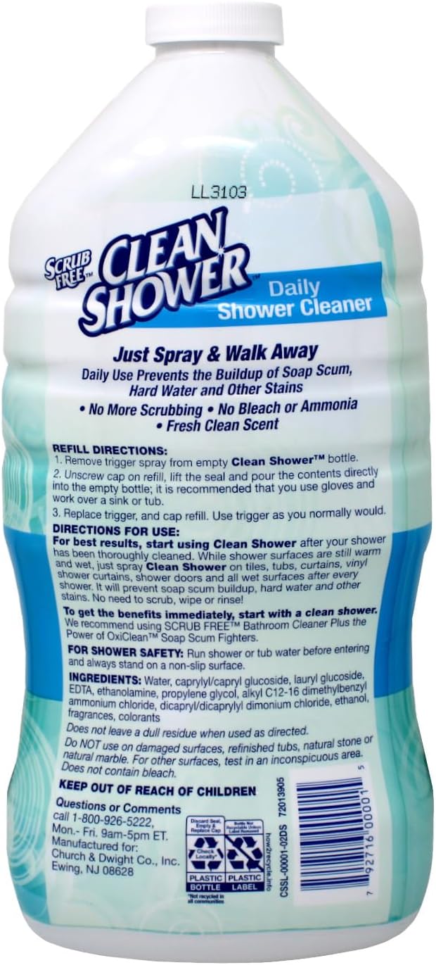 Clean Shower Daily Shower Cleaner Spray, Cleans Mildew Stains, Prevents Soap Scum, Hard Water & Other Stains, Fresh Clean Scent, 32 oz + 2 x 60 oz Refills
