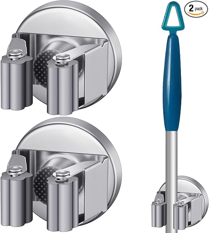 Vercraft 2 Pcs Magnetic Mop Broom Holder Movable Magnetic Broom Holder Rack, Anti Slip Wall Mounted Utility for Cleaning Tools, Garage, Kitchen, Laundry, Garden (Silver)
