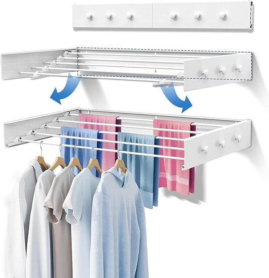 Upgrade 6 Knob Hooks Laundry Drying Rack Clothing, Wall Mounted Clothes Drying Rack 40" Wide, Large Foldable Collapsible Laundry Racks for Drying Clothes with Wall Template, 5 Aluminum Rods