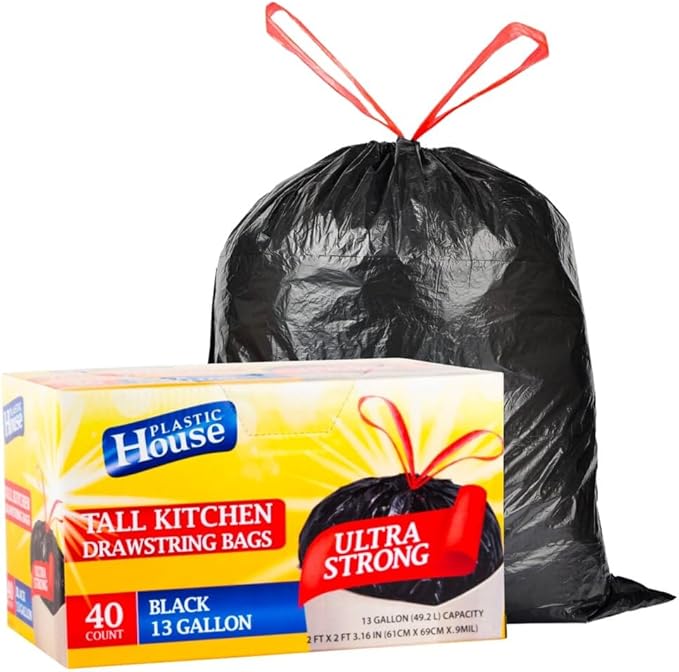 Strong Large 13 Gallon Drawstring Trash Bags Black Can Liners Kitchen Garbage Bags Multipurpose 40 CT Home Lawn Bags
