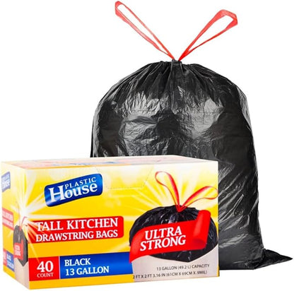 Strong Large 13 Gallon Drawstring Trash Bags Black Can Liners Kitchen Garbage Bags Multipurpose 40 CT Home Lawn Bags