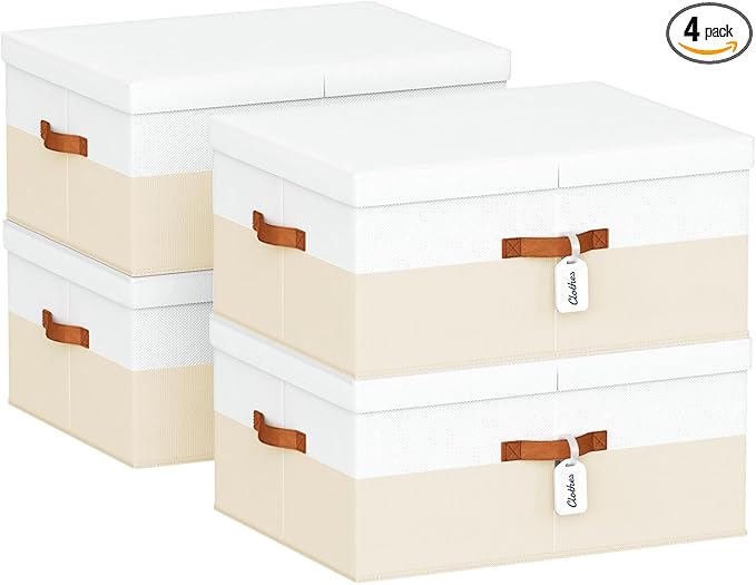 Extra Large Storage Bins - 4 Pack Closet Storage Boxes with Double-Open Lid & Divider Board, Stackable Colthes Storage Organizer, Fabric Basket with Label Tag for Home, Laundry