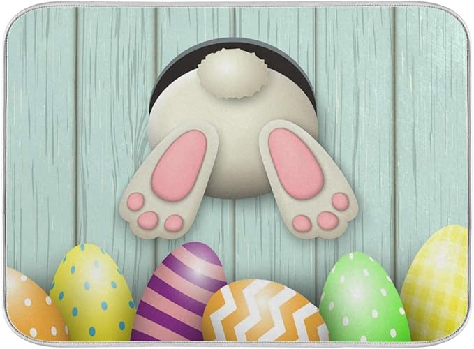Happy Easter Eggs Bunny Tail Dish Drying Mat 18x24 for Kitchen Easter Day Rabbit Flowers Dishes Pad Dish Drainer Rack Mats Absorbent Fast Dry Kitchen Accessories