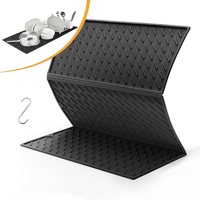 Dish Drying Mat for Kitchen Counter, Collapsible Trifold Large Dish Drainer Mat, Silicone Drying Mat with Hook, 24x16In Non-Slip Silicone Sink Mat, Easy to Clean, Black