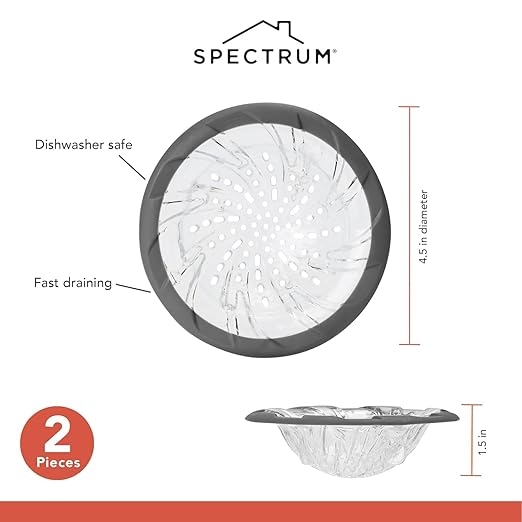 Spectrum Cora Kitchen Sink Drain Strainer Pack of 2 for Food Debris Waste, Plastic Spiral Sink Drain Stopper Cover Catcher Filter Food Hair Prevents Clogging in Sinks Shower Bath 4.5 Inch, Gray/Clear