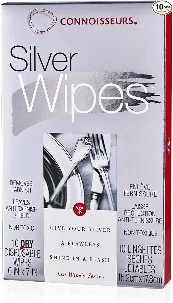 Connoisseurs Silver Cleaner Wipes for Sterling Silver Jewelry and Tableware - 10 Pack - Dry and Disposable - Remove and Prevent Tarnish
