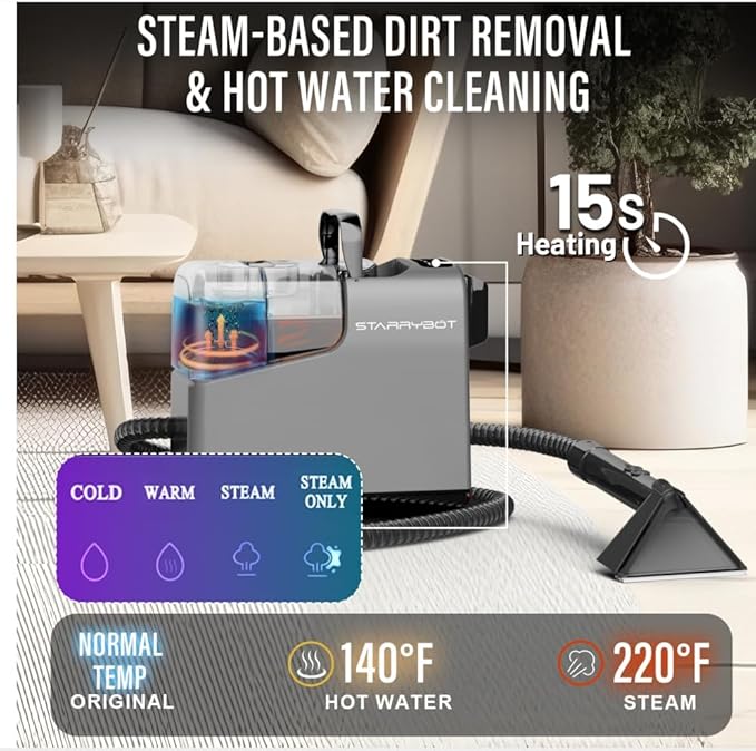 Starrybot Portable Carpet Cleaner Machine with Steam and Heating Techology,18Kpa Powerful Suction with Versatile Tools for Pets, Couch,Spot Cleaner for Stairs/Furniture/Rug(Gray)