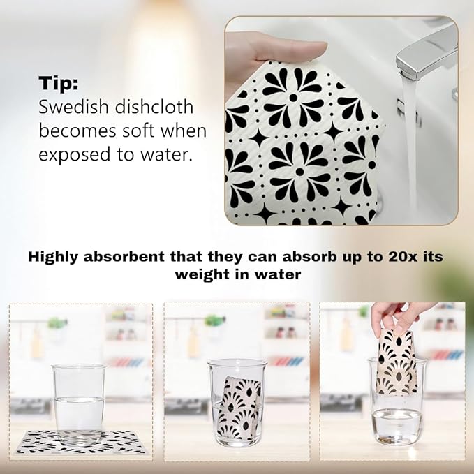 Swedish Dishcloths for Kitchen, 6 Pack Geometric Towels, Washable Absorbent Cellulose Sponge Cloths No Odor, Eco-Friendly Dish Cloths for Washing Dishes, Kitchen Gifts for Women, Home Kitchen Cleaning