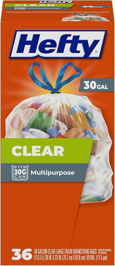Hefty - Clear Large Trash Bags, Scent Free - 30 Gallon, 36 Count