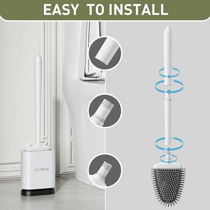 ASOBEAGE Deep Cleaner Toilet Brush: Silicone Toilet Brush with No-Slip Long Plastic Handle and Flexible Bristles, Quick Drying Holder Set for Toilet（White）