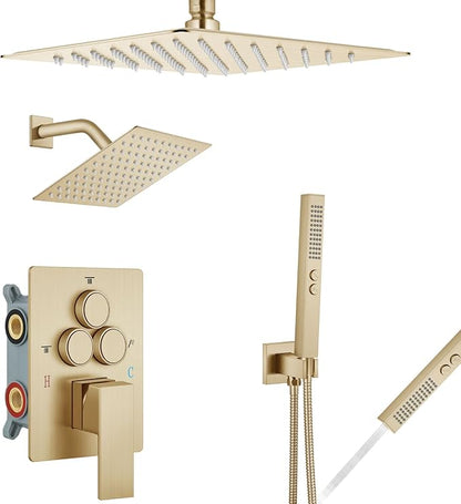 Aolemi Shower Faucet Set Ceiling Mount Shower System Rough-in Valve and Shower Trim Kit 2 in 1 Handheld Spray Push Button Diverter 10 and 6 Inch Dual Shower Head Brushed Gold