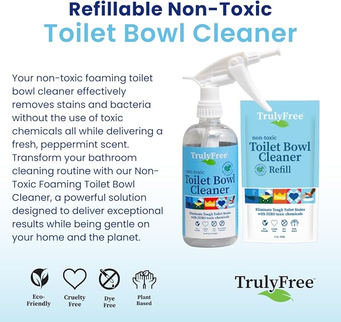 Truly Free Toilet Bowl Cleaner - Heavy-Duty Stain Remover - Septic Safe, Plant-Based Formula - Fresh Peppermint Scent - 2 Refills (3oz) with Empty Refillable Bottle