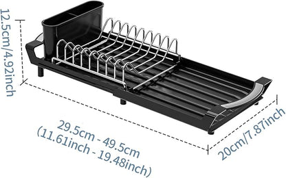 Expandable Dish Drying Rack for Sink or Countertop – Compact Stainless Steel Dish Drainer with Removable Utensil Holder, Rustproof Plate Rack for Small Kitchen Spaces, Black