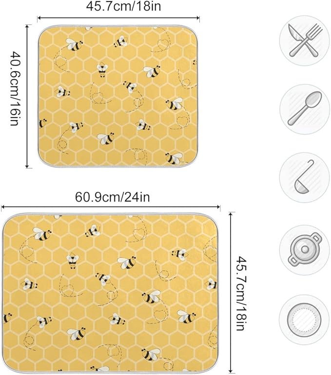 Funny Bees Honey Dish Drying Mat 18x24 for Kitchen Counter Yellow Bumblebee Beehive Dishes Pad Absorbent Fast Dry Dish Draining Mats Large Kitchen Accessories