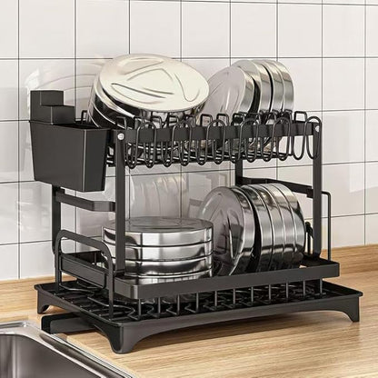 Dish Drying Rack,2-Tier Dish Racks for Kitchen Counterwith Drainboard & Utensil Holder,Large Dish Drying Rack for Bowls/Cups/Bottles(Black)