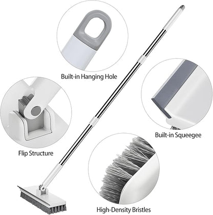 Floor Scrub Brush with 55" Long Handle, 2-in-1 Floor Brush with Built-in Squeegee, Adjustable Angle Head and Stiff Bristles for Tile, Wood, Concrete & Textured Floor Cleaning